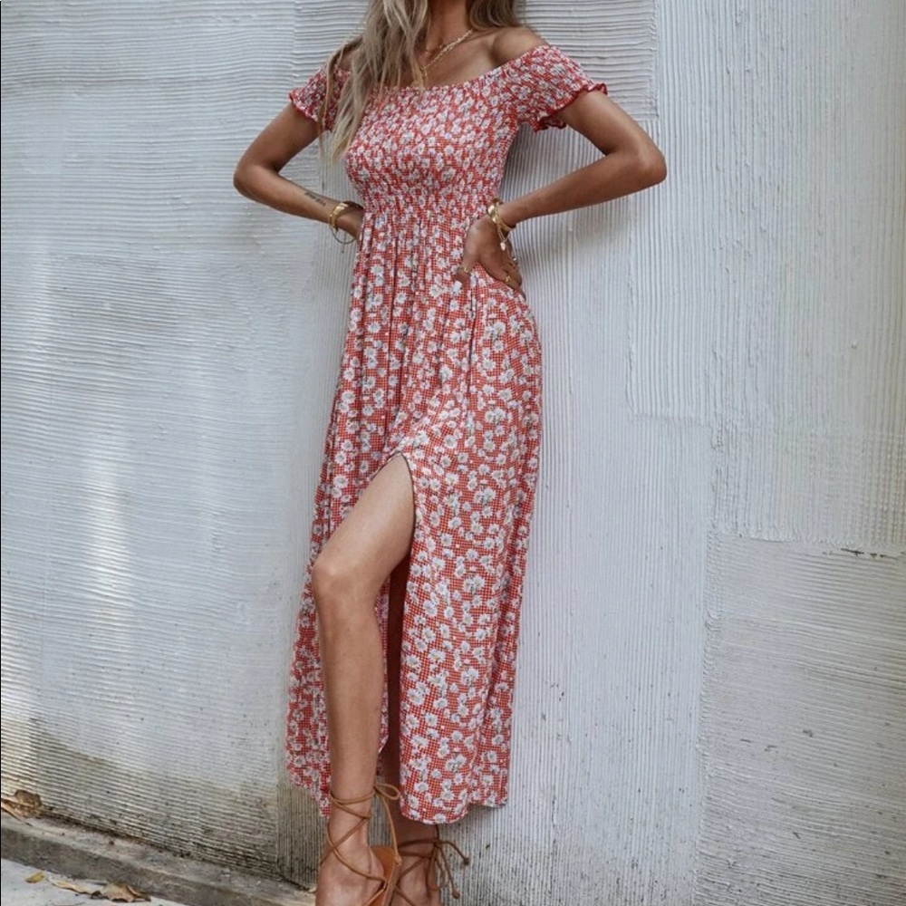 Boho floral off shoulder shirred maxi dress